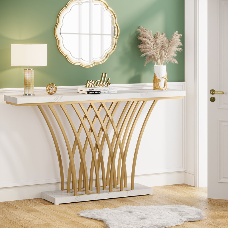 Willa Arlo™ Interiors Schubert Gold Console Table with Faux Marble Top ...